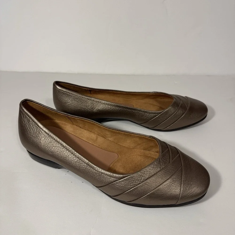 Naturalizer Jaye Women 11WW Pewter Metallic Leather Pleated Ballet‎ Flats Shoes